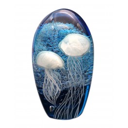 Presse Papier Décoratif et Sculpture Verre, Méduses blanches et Océan outremer, Hauteur 11 cm