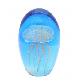 Presse Papier Décoratif et Sculpture Verre, Méduse Ondulante Corail et Bleu, Hauteur 11 cm