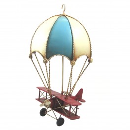 SIGNES GRIMALT Miniature Laiton Avion biplan Ancien Rouge et Parachute rétro Original, modèle à Suspendre, Hauteur 31 cm