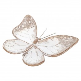 Plat Papillon décoratif en Bois à Poser, Finition Marron et céruse blanchie, Longueur 21 x 19 x 3 cm