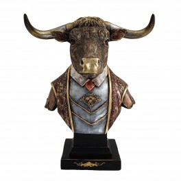 SIGNES GRIMALT Buste Portrait Animalier, Taureau sur Socle en Costume d'époque Victorien, Hauteur 36 cm