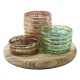 Porte-Bougies Bougeoir 3 cylindres en Verre coloré et pailleté et Socle en Bois Clair veiné, diam 18 cm