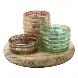 Porte-Bougies Bougeoir 3 cylindres en Verre coloré et pailleté et Socle en Bois Clair veiné, diam 18 cm