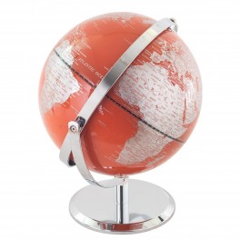 Mappemonde élégante en PVC et métal, socle en métal laiton, Argent et Corail, diamètre 26 cm