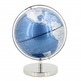 Mappemonde élégante en PVC et métal, finition brillante de qualité, Argent et Bleu, diamètre 21 cm