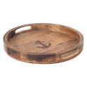Plateau Rond en Bois de manguier veiné, Ancre sérigraphié et anses de Maintien, Diamètre 30 cm