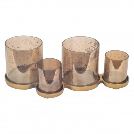 Porte-Bougies Bougeoir 4 cylindres en Verre fumé et Socle en Aluminium doré, Longueur 34 cm