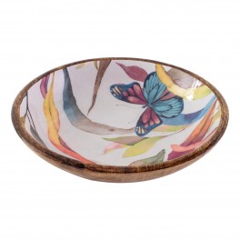 Grande Coupe Corbeille en Bois de manguier et résine, Motif Papillons et végétation Multicolore, diamètre 30 cm