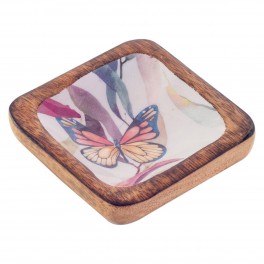 Set 2 Mini Plateaux Bois de manguier et résine, Motif Papillons et végétation Multicolore, Longueur 10 cm