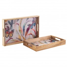 Set 2 Plateaux Bois de manguier et résine, Motif Papillons et végétation colorée, Longueur 43 cm (Grand)