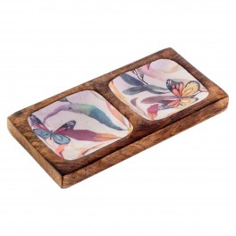 Plateau apéritif en manguier Papillons Multicolores et végétation, 2 Compartiments, Collection Makati, Longueur 20 cm