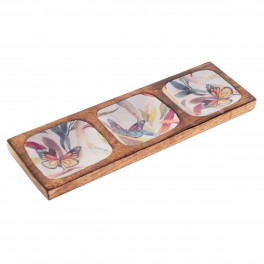 Plateau apéritif en manguier Papillons Multicolores et végétation, 3 Compartiments, Collection Makati, Longueur 30 cm