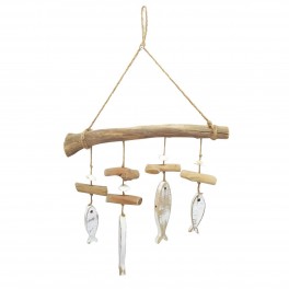 Suspension marine, Bois flotté, coques et poissons blancs, 40 x 10 x 38 cm