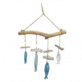 Suspension marine, Bois flotté et poissons bleus et blancs, 40 x 10 x 38 cm