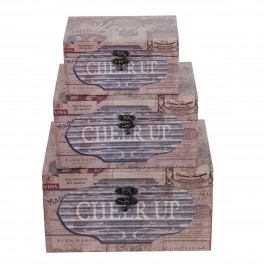 Set 3 boites coffres vintages en bois, Modèle CHEER UP, Thème Vins du monde, 15 x 20 x 28 cm