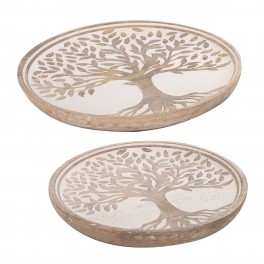 Set 2 Plateaux Arbre de vie en bois de manguier, Marron et Balnc, 2 x 25 x 25 cm (Grande)