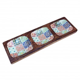 Plateau apéritif rétro, Motif Carreaux de Ciment colorés, 3 Compartiments, manguier et résine, Longueur 30 cm