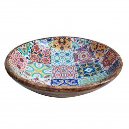 Coupe Corbeille rétro, Motif Carreaux de Ciment colorés, Bois de manguier et résine, diamètre 30 cm