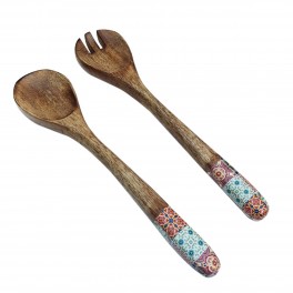 Set 2 Couverts de Service, Fourchette et Cuillère, Bois de manguier et résine, Motif Carreaux de Ciment colorés, l 33 cm