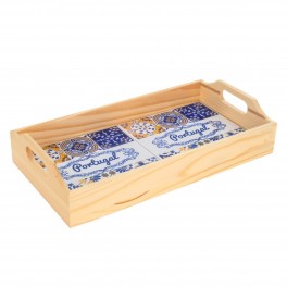 Plateau Bois et céramique Portugal, Motif Azulejos et Carreaux de Ciment, Longueur 32 cm