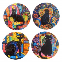 Set 4 Dessous de Plat en céramique, Chats et Mandalas Ethniques colorés, Diamètre 20 cm