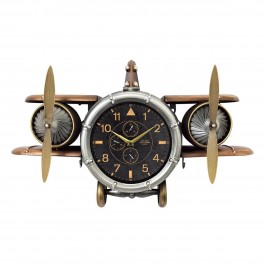 SIGNES GRIMALT Horloge Murale de Style Industriel, Avion bimoteur à hélices, Noir et doré, Longueur 67 cm