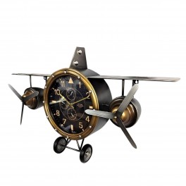 SIGNES GRIMALT Horloge Murale de Style Industriel XL, Avion biplan à hélices, Gris, Noir et doré, Longueur 87 cm