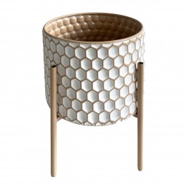 SIGNES GRIMALT Porte-Plante Cache-Pot, Bois et métal, Motif Allover Contemporain, Beige et Blanc, Hauteur 36 cm