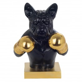 SIGNES GRIMALT Grande Figurine Bouledogue français, Buste réaliste Noir et Gants de Boxe dorés, Hauteur 36 cm