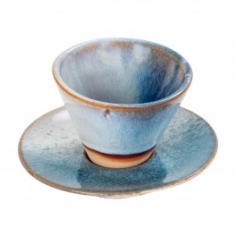 Tasse et sous Tasse en grès Bleu, Service Sauce, apéritif ou Liquide, 80 ML, Collection Marine Quimper, Diamètre 11,50 cm