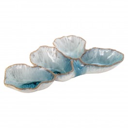 Plat de service ou décoratif en grès bleu, 4 compartiments en forme d'huitre, Collection marine, longueur 31 cm
