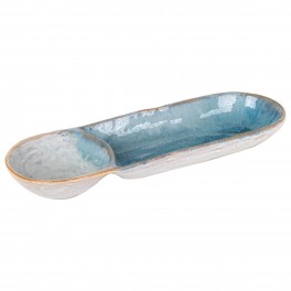 Plateau de Service ou décoratif en grès Bleu, 2 Compartiments, Collection Marine Quimper, Longueur 33 cm