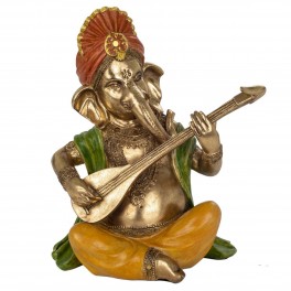 SIGNES GRIMALT Figurine Ganesh Musicien, cithare, Couleurs Vives et Finition métallisée dorée, Hauteur 27 cm