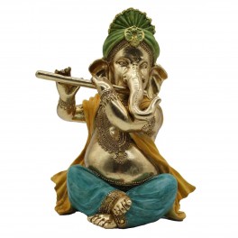 SIGNES GRIMALT Figurine Ganesh Musicien, flûte, Couleurs Vives et Finition métallisée dorée, Hauteur 28 cm
