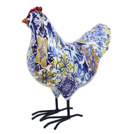 SIGNES GRIMALT Figurine Poule rétro colorés, Motifs Carreaux de Ciment Ancien, Bleu et Jaune, h 20 cm
