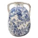 Jarre Vase rétro et Romantique en faïence avec anses, Effet Vieilli et Modèle Floralie Bleue, Hauteur 22 cm
