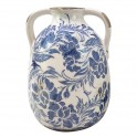 Jarre Vase rétro et Romantique en faïence avec anses, Effet Vieilli et Modèle Floralie Bleue, Hauteur 22 cm