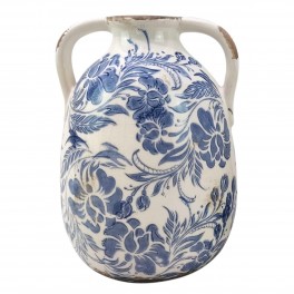 Jarre Vase rétro et Romantique en faïence avec anses, Effet Vieilli et Modèle Floralie Bleue, Hauteur 22 cm