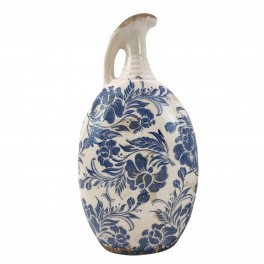 Vase à Bec rétro et Romantique en faïence avec Anse, Effet Vieilli et Modèle Floralie Bleue, Hauteur 33 cm
