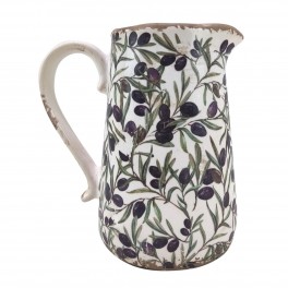 Pichet rétro et Romantique en faïence avec Anse, Effet Vieilli et Modèle Olives de Provence, Hauteur 23 cm