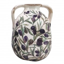 Jarre Vase rétro et Romantique en faïence, Effet Vieilli et Modèle Olives de Provence, Hauteur 18 cm