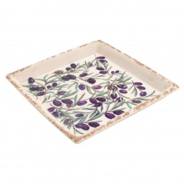 Assiette Plat de service carré en faïence, Effet vieilli et Modèle Olives de Provence, longueur 25 cm