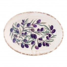 Assiette Plat de service ovale en faïence, Effet vieilli et Modèle Olives de Provence, longueur 25 cm
