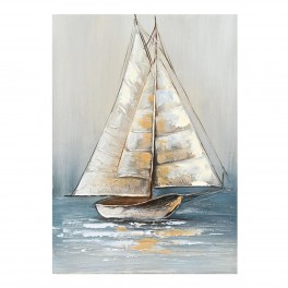 SIGNES GRIMALT Tableau peint, grand voilier en régate, doré, blanc et marron, effet matière, 70 x 50 cm