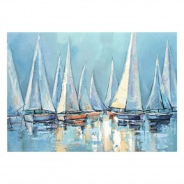 SIGNES GRIMALT Tableau peint, grands voiliers au coucher du soleil, effet matière et camaïeu de bleu, 70 x 100 cm