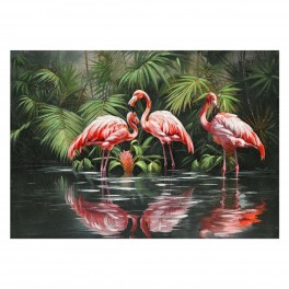 SIGNES GRIMALT Tableau peint, flamant roses, plan d'eau et feuillage tropical dense, 100 x 70 cm