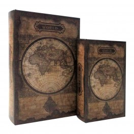 SIGNES GRIMALT Set 2 Boites livres en bois MDF et polyester, Motif Cartographie ancienne marron, hauteur 27 cm (Grande)