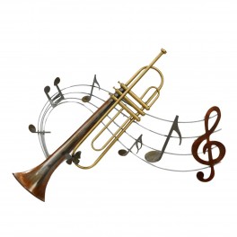 SIGNES GRIMALT Trompette, clé de sol et portée musicale, silhouette murale en métal, cuivre, rouge et gris, longueur 70 cm