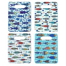 Lot de 4 Planches à Découper en Céramique Motif Poissons Fantaisistes – 24 x 18 cm – Décor Marin Bleu & Multicolore