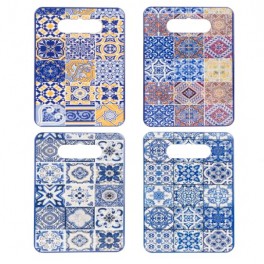 Lot de 4 Planches à Découper en Céramique Motifs Carreaux Bleu & Jaune – 24 x 18 cm – Décor Méditerranéen & Azulejos